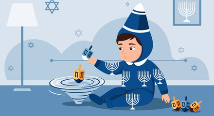 Obraz premium Joyful Hanukkah Celebration with Child Playing Dreidel in Festive Decor
