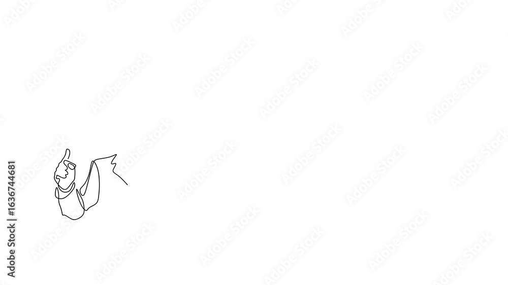 Poster animated self drawing of continuous line draw businessman with speech bubble. full length one line a