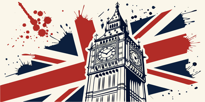 Stylized UK flag background with Big Ben and an England border, representing London&rsquo;s iconic landmarks.