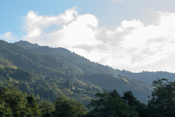 Scenic beauty of Green forests of Himalayan mountains, Okhrey, sikkim, India. Okhrey village is remote place in Sikkim where peaceful, tranquil Himalayan mountain range is enjoyed by tourists.