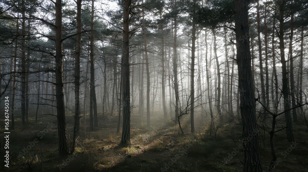 Poster misty forest scene with sunlight filtering through pine trees