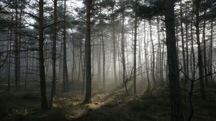 Fototapeta premium Misty Forest Scene with Sunlight Filtering Through Pine Trees