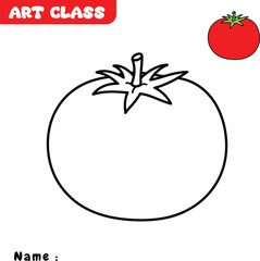 Black and white outline drawing of a tomato with stem and leaves, perfect for kids’ coloring activities. Great for educational worksheets, vegetable lessons, art class projects, and printable crafts.