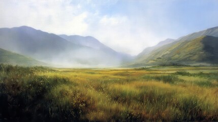 Fototapeta premium Serene Mountain Landscape with Misty Valley and Lush Grasslands
