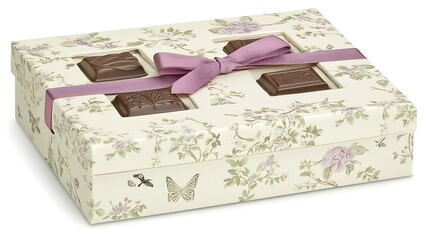 Elegant gift box with floral design and chocolates.