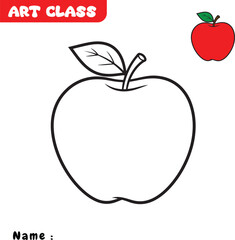 Black and white outline drawing of an apple with stem and leaf, perfect for kids’ coloring activities. Great for educational worksheets, fruit lessons, art class projects, and printable crafts.