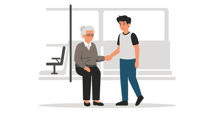 Fototapeta premium Kind Young Man Offering Assistance to An Elderly Woman on Public Transport
