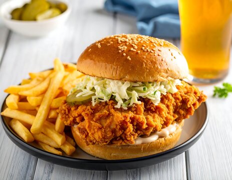 Crispy fried chicken sandwich with fries and coleslaw