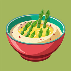 A bowl of creamy hummus with asparagus spears. served in a vibrant red bowl with a teal rim. Fresh. healthy. and flavorful dish.