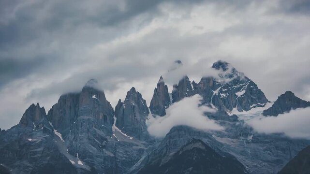 Dramatic mountain range shrouded in mist and cloud, a stunning vista for adventure travel or landscape photography projects, evoking a sense of awe and wonder in the alpine wilderness