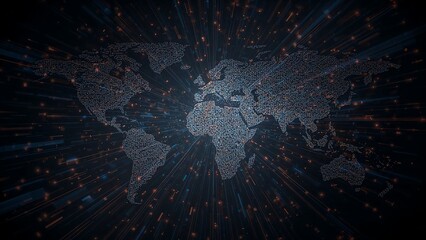 Photo of world map formed by digital data points representing global technology and communication networks