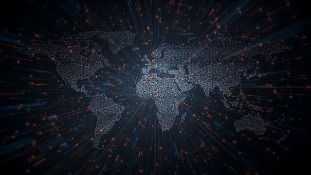 Photo of world map formed by digital data points representing global technology and communication networks