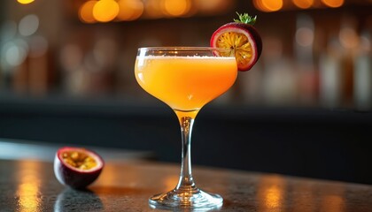Vibrant passion fruit cocktail served in coupe glass, garnished with fresh fruit slice. Juicy tropical beverage with bright orange hue, refreshing seeds, pulp visible. Perfect for breakfast, brunch,