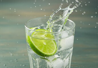 Refreshing Drink Lime Water Splash with Ice Cubes in a Glass. Summer Beverage.