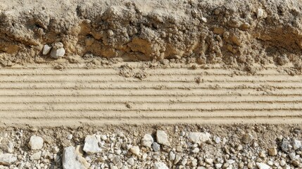 Close-Up of Soil Layers with Textured Lines and Gravel Elements