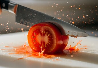 Close-up of Cutting a Fresh Red Tomato with a Knife, Showing Juices Splashing on a Cutting Board.