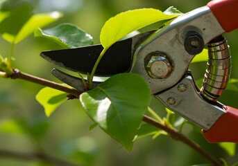 Pruning a Green Leafy Branch with Red Handled Garden Shears Horticulture and Gardening Concept