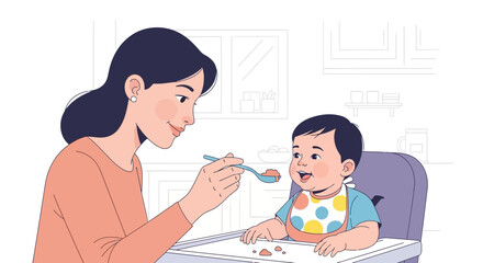 Fototapeta premium Loving Mother Feeding Her Smiling Baby in a Highchair At Home Kitchen