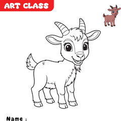 Black and white outline drawing of a cute goat with horns, perfect for kids’ coloring activities. Great for educational worksheets, farm animal lessons, art class projects, and printable crafts.