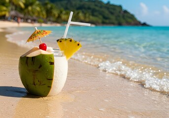 Tropical Coconut Cocktail on Sandy Beach with Sea View Summer Vacation Drink.