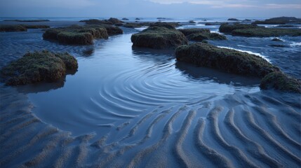 Obraz premium Serene Ocean Landscape with Tide Pools and Rocky Outcrops at Dusk
