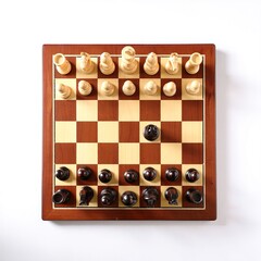 Wooden Chess Board with Black and White Pieces Top View