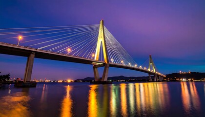Fototapeta premium Illuminated cable-stayed bridge at dawn/dusk