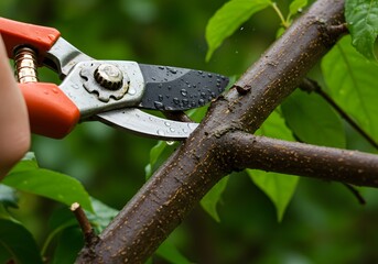 Pruning a Tree Branch Hand with Garden Shears Cutting Branch in Summer, Leaves, Gardening.