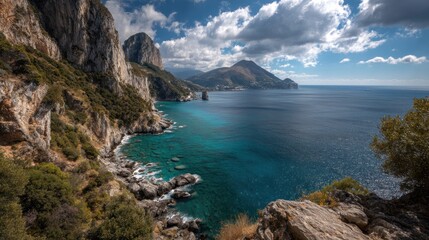 Fototapeta premium Coastal cliffs turquoise sea scenery
