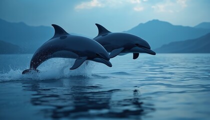 Two dolphins leap from serene blue ocean waters, sleek bodies silhouetted against distant mountains under calm sky. Experience marine wildlife grace, freedom, playful movement in tranquil aquatic