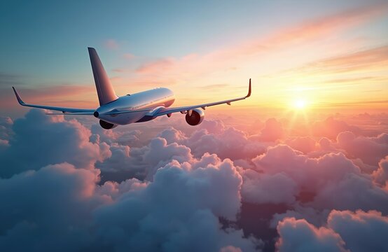 Airplane flies above colorful clouds during sunset. Aircraft journey through sky with pastel colors atmosphere. Passenger travel adventure high up over cloudscape horizon.