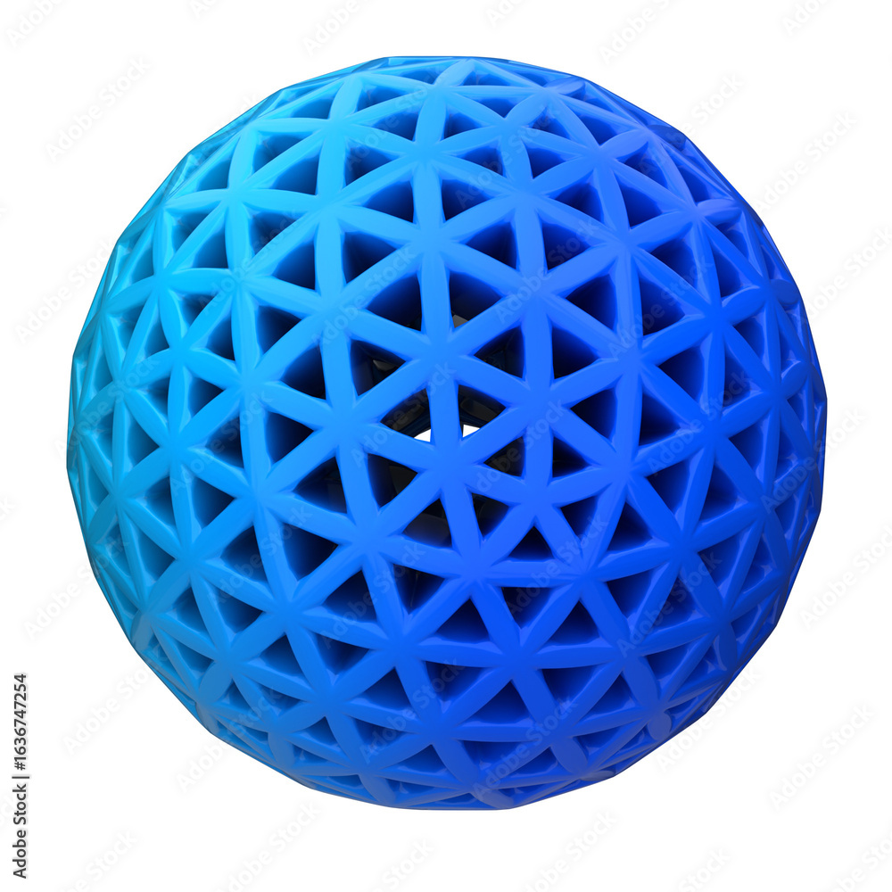 Poster abstract blue geodesic sphere with a complex triangular lattice structure. 3d rendered graphic eleme
