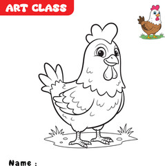 Black and white outline drawing of a cute chicken standing on grass, perfect for kids’ coloring activities. Great for educational worksheets, farm animal lessons, art class projects, and printable cra