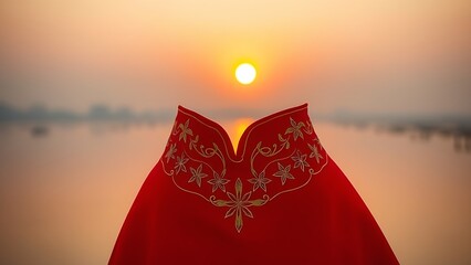 Vietnam National Day flag on silk cushion with bamboo leaves and lanterns