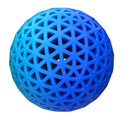 Abstract blue geodesic sphere with a complex triangular lattice structure. 3D rendered graphic element isolated on white.