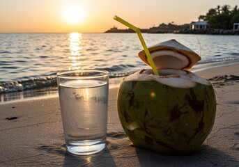 Refreshing Coconut Drink and Glass of Water on Beach at Sunset - Tropical Vacation, Summer Vibes.