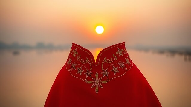 Vietnam National Day flag on silk cushion with bamboo leaves and lanterns - Powered by Adobe