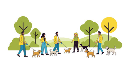 Fototapeta premium People walking dogs in park illustration showcasing outdoor lifestyle and pet companionship creating a vibrant scene