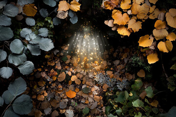 Glowing aura of gold and silver hues softly fading amidst a forest floor covered with autumn leaves