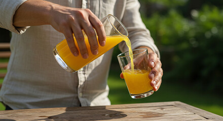 Man pouring fresh orange juice outdoors, neck down