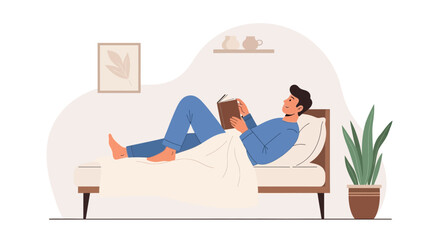 Man reading book in bedroom illustration for lazy morning concept design