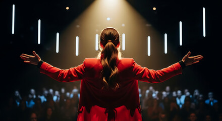 Vector art of rear view of a woman in red suit giving a speech on stage to audience