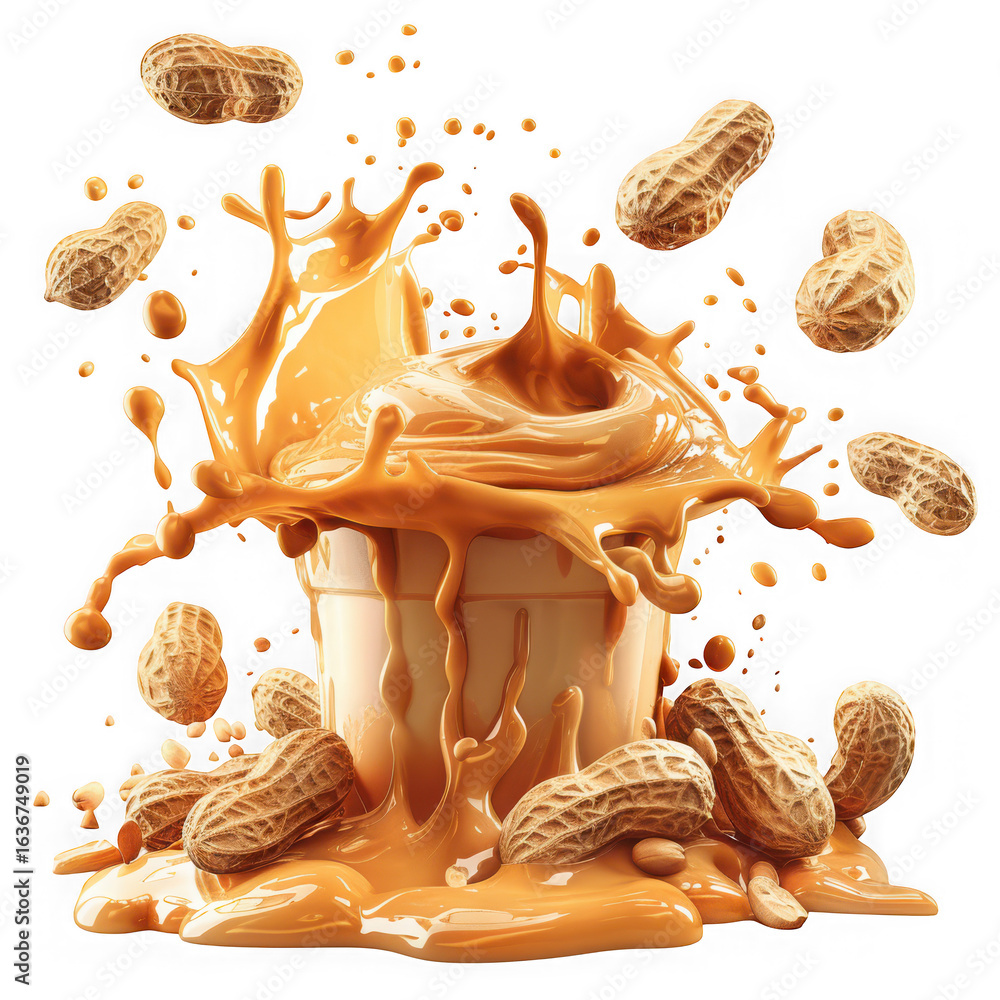 Poster peanut butter splash in a bowl with peanuts around it on a transparent background makes for a tasty 