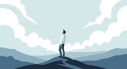 Obraz premium Man Standing On Peak Observing Clouds In The Sky Artistic Illustration