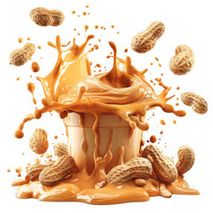 Peanut butter splash in a bowl with peanuts around it on a transparent background makes for a tasty treat