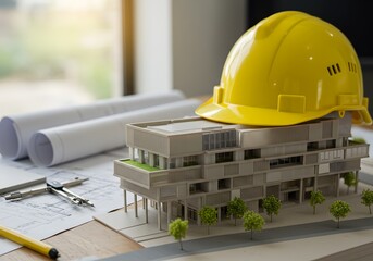 Architectural Design Building Model, Blueprints, Hard Hat, and Drafting Tools - Construction, Planning, Design