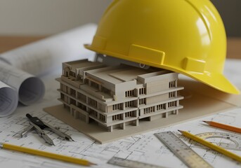Architectural Project Planning Building Model, Hard Hat, Blueprints, Tools for Construction and Design