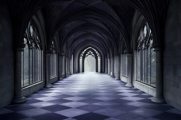 Obraz premium Gothic fractal cathedral interior highlighting violet tones and intricate architecture with stained glass windows