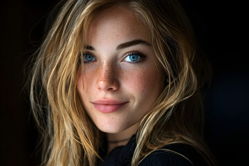 Naklejka premium Studio portrait of beautiful young blonde woman with blue eyes and long hair posing on a dark background