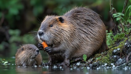 Mother Beaver and Baby Eating Carrots Together on the Bank of a Tranquil Ancient Pond